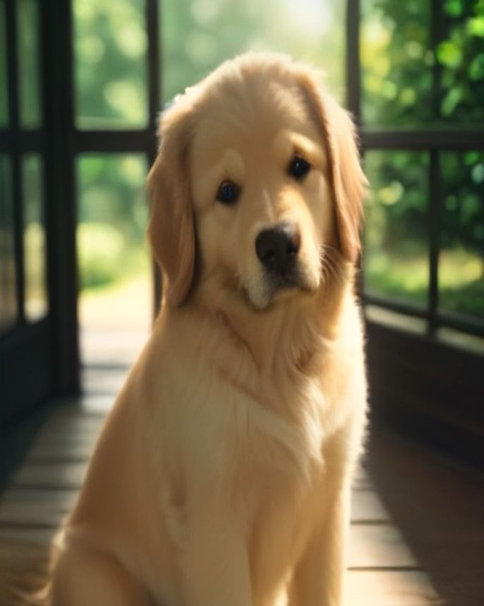 A golden retriever on a sunlit porch, shown lifted into depth